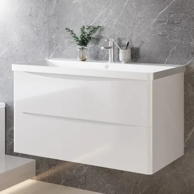 Produktbild von Badezimmerschrank 100cm Mineralguss Waschtisch mit Unterschrank Hochglanz Weiß Badmöbel Set mit Soft-Close