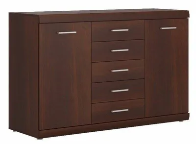 A dark brown wooden dresser with multiple drawers and a cabinet door, shown against a white background.