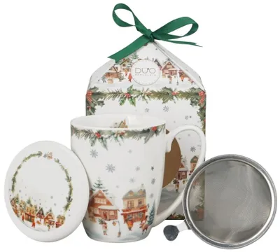 Zdjęcie produktu dla Porcelanowa filiżanka z zaparzaczem do herbaty, motyw "Bożonarodzeniowa wioska"