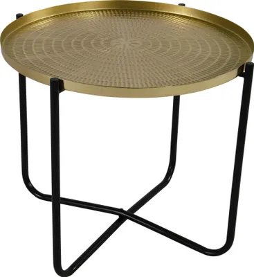 A round, gold-colored side table with a textured surface and black metal legs.
