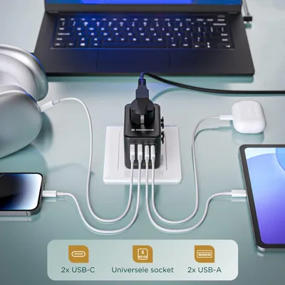 Productafbeelding van Remodius Wereldstekker + UniCharge – universele reisstekker 220+ landen met 4-in-1 oplaadkabel, USB-C PD