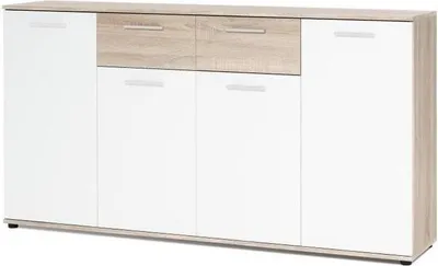 Image de Buffet Bas JACKY, 160 cm Largeur, Blanc etReproduction Chêne Mat, 4 Portes, 4 Tiroirs