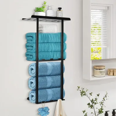 Image de Porte-serviettes mural avec étagère - Noir - 6 crochets