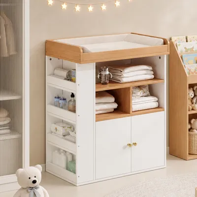 Productafbeelding van MODFU Wickelkamer, babytafel 82x50x100 cm, commode met opbergruimte, 2-in-1 badkamermeubel, met afneembare veiligheidsreling, wit met houtlook