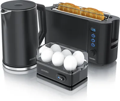 Produktbild von Arendo Frühstücks-Set Wasserkocher 1,5l, 2-Scheiben Toaster, 6er Eierkocher, Schwarz