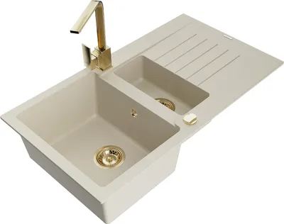 Produktbild von Mexen Matias 1,5-Becken-Granitspüle mit Abtropffläche und Mischbatterie Rita, Beige - 6502-69-670300-50