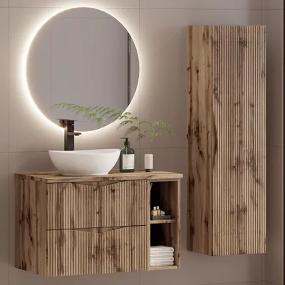 Produktbild von Badmöbel-Set 3-teilig mit 80 cm Waschtisch & LED-Spiegel in Eiche mit gerillter Front - CALURI-140