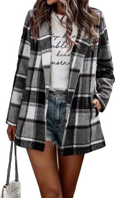 Image de ASKSA Chemise femme Veste à carreaux Flanelle Chemise chaude avec poches Chemise Veste décontractée, Gris, S
