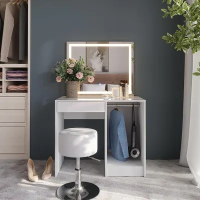 Image de Coiffeuse Vicco Sherry blanc/blanc brillant 89.8cm avec miroir LED et tabouret, Model 57689