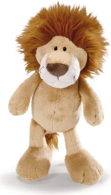 A plush toy lion standing on a white background.