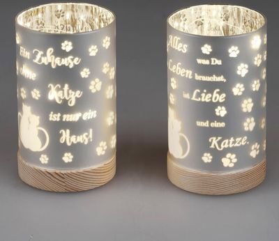 Dekoration 1 Stück Deko-Licht 15cm mit Spruch und Timer-hellbrauner Holzsockel- Ein Zuhause ohne Katze..