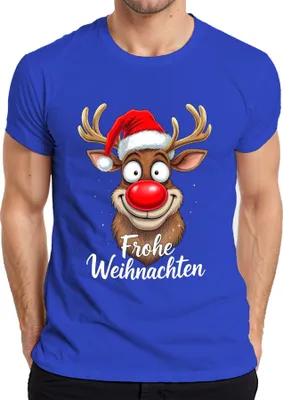 Produktbild von Frohe Weihnachten Lustiges Rentier Rudolf Weihnachtsmütze Cartoon Herren T-Shirt, Blau, 3XL