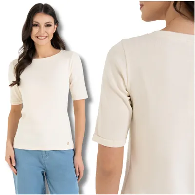 Produktbild von Moraj - Damenbluse Größe XS - Baumwollbluse Beige - Bluse kurzarm fur Damen - Bluse creme Ausschnitt Rund