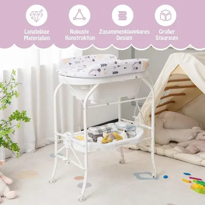 Image de Table à langer pliable avec baignoire, rangement et roulettes