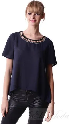 Produktbild von Damen Shirt Perlen am Ausschnitt; Dunkelblau/M/L 38/40