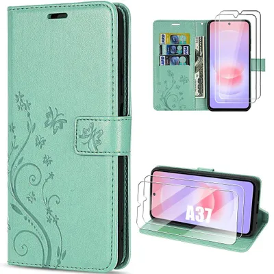 Image de Coque + 2 Verres Trempés pour Samsung Galaxy A37 5G, Protection Synthécuir Vert Motif Floral Papillon