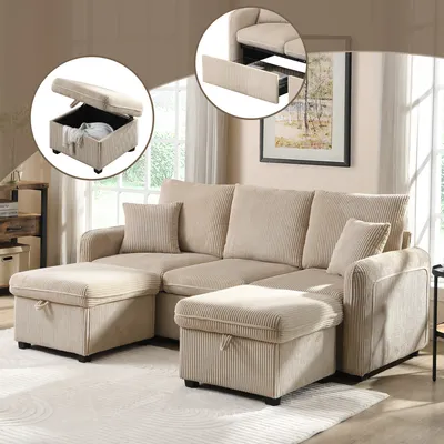 Produktbild von okwish  Ecksofa mit Staufunktion,U-Form-Dreisitzer Polster-Sofa mit Schlaffunktion,Abnehmbares Sofa mit Schubladen + Hocker mit Staufach,Beige
