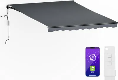Produktbild von Blumfeldt CloudShade Markise – 3m elektrische Gelenkarmmarkise mit App & Fernbedienung, UV 30+ & Regenschutz, Neigungswinkel einstellbar, Aluminiumrahmen, einfache Wandmontage, 295x250 cm, Dunkelgrau