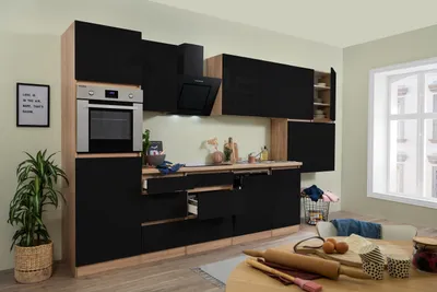 Produktbild von Küche Küchenzeile Leerblock grifflos Eiche Schwarz Lorena 380 cm Respekta