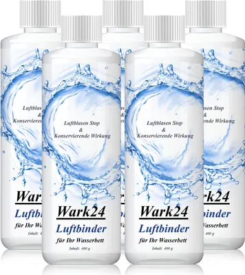 A group of five bottles of Wark24 Luftbinder, a product for waterbeds, is displayed against a white background. Each bottle features a label with blue water splash graphics and text indicating its purpose.