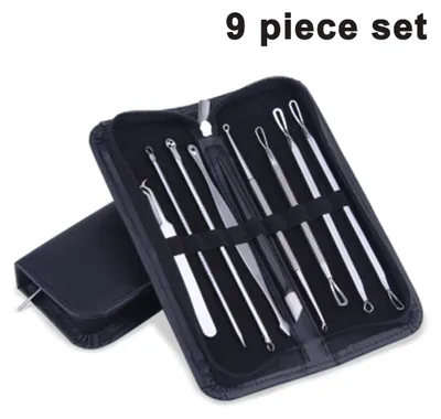 Produktbild von 9-teiliges Mitesserentferner-Set aus hochwertigem chirurgischem Edelstahl – robust, sterilisierbar und hautfreundlich. Enthält spezialisierte Werkzeuge wie Doppelschlingen-Extraktor, Pinzette und Komedonenquetscher für gezielte Reinigung von Mitessern, Pickeln und Akne-Herden an Stirn, Nase, Wangen und Kinn. Ideal für regelmäßige Selbstbehandlung zu Hause, für alle Hauttypen geeignet. Vor und nach Gebrauch einfach mit Alkohol desinfizieren.