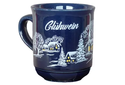 Produktbild von Glühweinbecher blau mit Weihnachtsmotiv Weihnachtsmarkt und Eichstrich bei 0,2 L