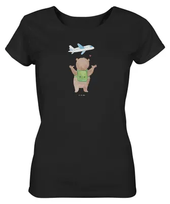 Produktbild von Mr. & Mrs. Panda Baumwoll T-Shirt Damen Bär Flugzeug Größe S - Schwarz - Geschenk, Basic, shirt, Liebesbeweis, Jersey, Freundin, Mit Print, Sommershirt, Jahrestag, für