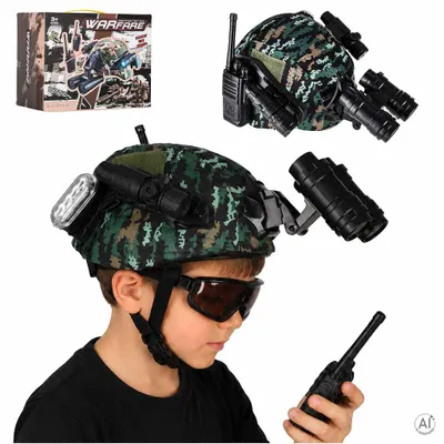 Produktbild von Ausrüstung eines Soldaten: Militärhelm, Funkgerät, Fernglas, Taschenlampe