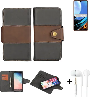 Produktbild von K-S-Trade Handyhülle Schutzhülle Bookstyle Wallet-Case kompatibel mit Xiaomi Redmi 9T + earphones Bumper rundumschutz schwarz-braun 1x