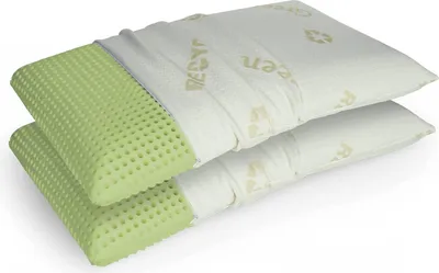 Two pillows stacked on top of each other, with one partially unzipped to reveal the green inner material.