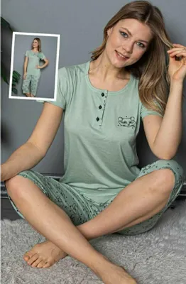 Produktbild von Damen Pyjama Schlafanzug Bermuda Grün S Kurz Viskose 2-Teiler Set S-68