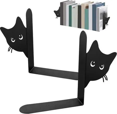 Produktbild von Metallische Bücherstützen, Set aus 2 dekorativen Katzen Bücherstützen, robuste Platten Bücherstützen für Büro, Bibliothek, schwarz