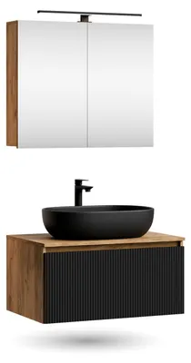 Produktbild von ARISA Badmöbel Set in Schwarz Geriffelt - Mit Spiegelschrank "ARIA" und schwarzem Keramik-Aufsatzwaschbecken 60 cm