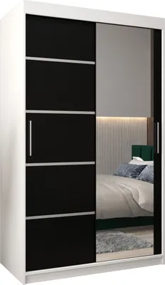Produktbild von Kleiderschrank, Schiebetürenschrank Schlafzimmer, Schrank mit Spiegel VERONA 2 120 cm, Weiß Matt + Schwarz Matt