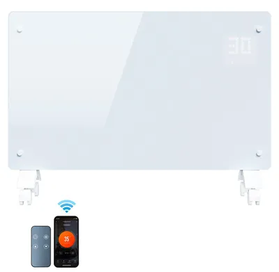 Image de Radiateur convecteur en verre Vigevee, 2500W, blanc, avec connectivité WiFi Tuya Smart, télécommande, thermostat réglable de 5 à 50 °C, possibilité de fixation murale ou sur roulettes, indice de protection IP24