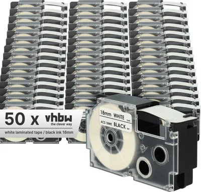 Produktbild von vhbw 50x Schriftband-Kassette Ersatz für Casio XR-18WE, XR-18WE1 für Etiketten-Drucker 8m x 18mm Schwarz auf Weiß