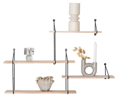 Productafbeelding van Wandplank Harlem met 4 planken van zwart staal en paulownia 99x17,5x62 cm