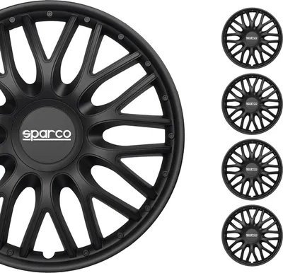 A large black wheel is shown on the left, with four smaller black wheels arranged vertically on the right side of the image. The wheels have a multi-spoke design and a central hub with the Sparco logo.