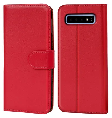 A red flip case for a smartphone is shown from the front and back.