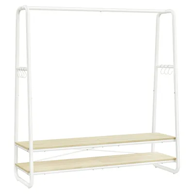 Produktbild von Kleiderständer, Garderobenständer, Garderobe, 2 Ablagen, 6 Haken in S-Form, Stahlgestell, naturbeige-mattweiß