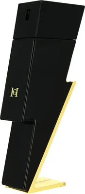 A black and gold lightning bolt-shaped perfume bottle.