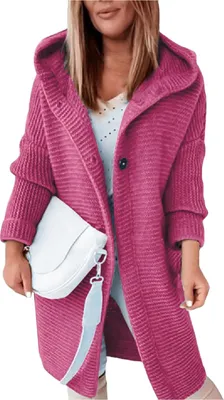 Obrázek produktu pro ASKSA Dámské svetry Pletený kabát Teplý dlouhý rukáv Jednobarevná mikina Chunky Knit Hoodie Cardigan s kapucí (Rose Red,XL)