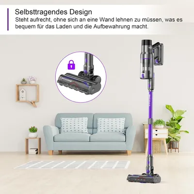 A living room scene with a vacuum cleaner displayed prominently.