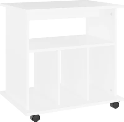 A white rolling cabinet with multiple shelves and compartments, shown from a front-diagonal angle.