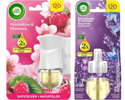 Produktbild von Air Wick Duftstecker Starter-Set Paket inklusive 1 Geräte & 1 x 19ml Kirschblüte & Himbeere Nachfüller & 1 x Bergamotte & Lavendel 19ml Nachfüller