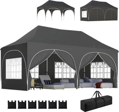 Image de Pavillon de jardin - Tente pliante pop-up 6 x 3 m - 6 parois latérales amovibles - Fenêtres - Hauteur réglable - Tissu Oxford - Sac de transport - Gris foncé