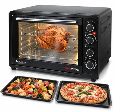 Produktbild von TurboTronic Minibackofen 2000 W, 45 Liter, Umluft, Ober-/Unterhitze, Drehspieß, 2 Backbleche, Innenbeleuchtung, Edelstahl, Gitterrost, Tischbackofen/Pizzaofen, Schwarz
