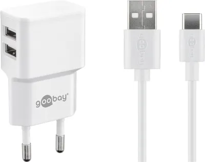 Zdjęcie produktu dla Podwójny zestaw ładujący 2,4 A, zasilacz z 2 wyjściami USB wraz z kablem USB do ładowania, biały USB-C