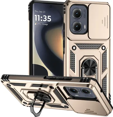 Immagine prodotto di Custodia per Motorola Edge (2024) a doppio strato con copertura scorrevole della fotocamera e supporto ad anello Oro