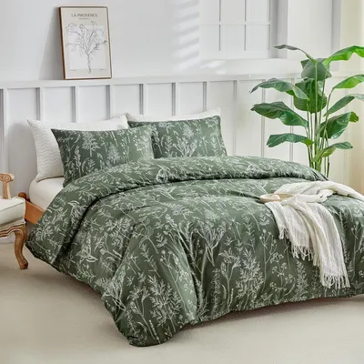 Produktbild von Bettwäsche-Set Doppelbett 200x200 cm Grün Blumenmuster Mikrofaser 2 Kissenbezüge